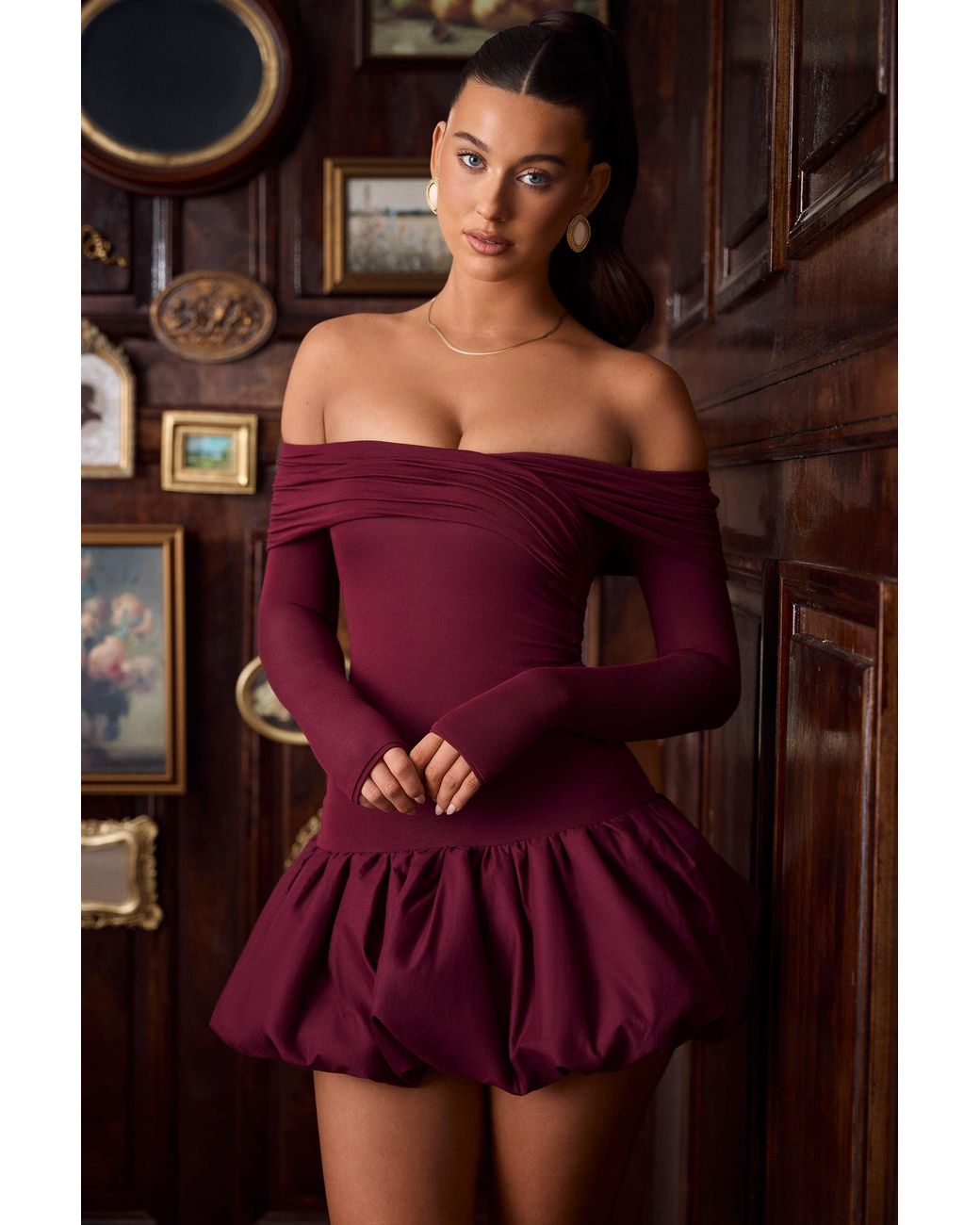 Oh Polly Red Modal Off-Shoulder Bubble Hem Mini Dress