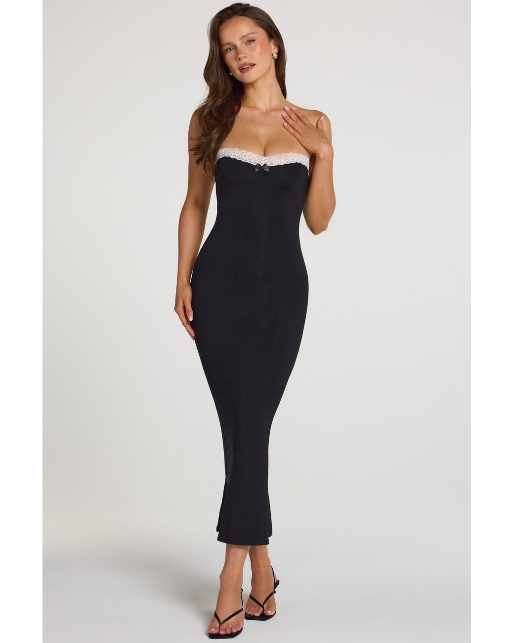 Oh Polly Black Modal Lace-Trim Midaxi Dress