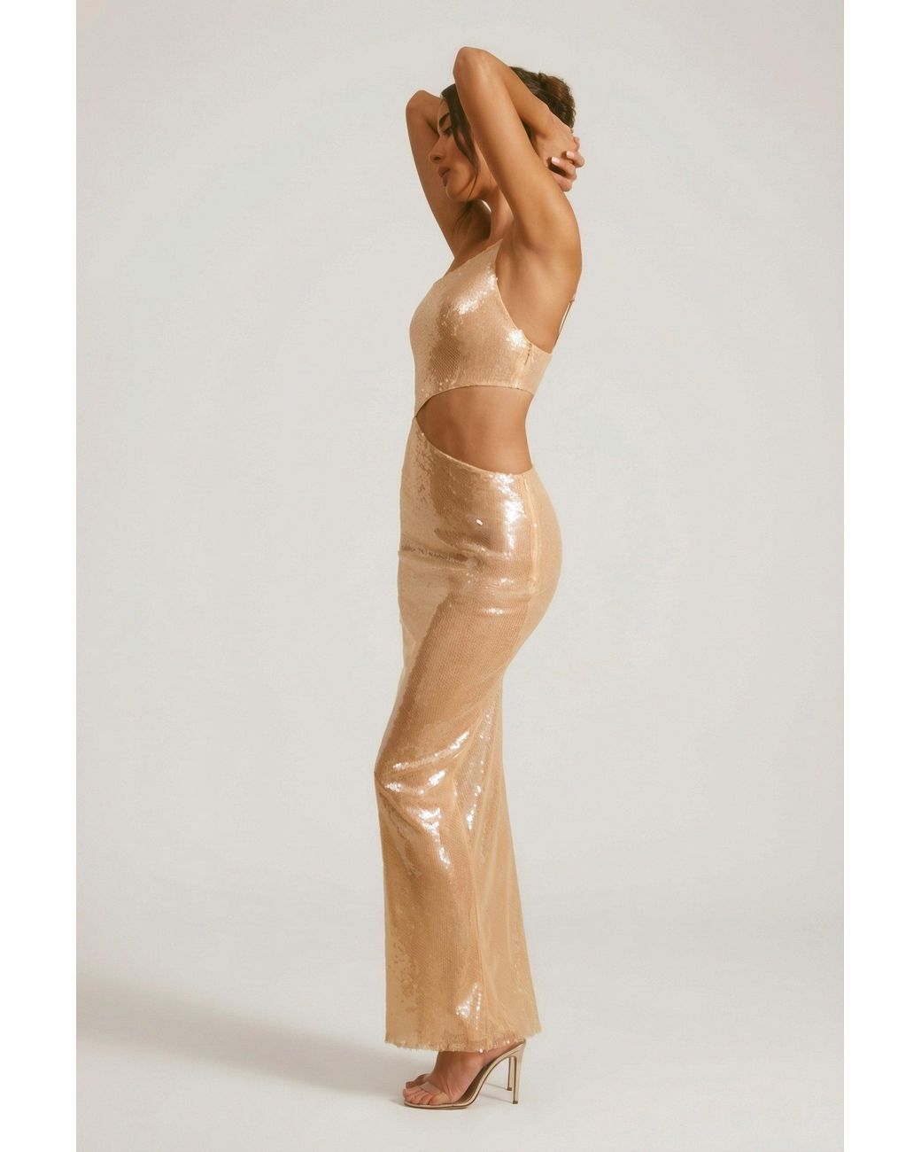 Oh Polly Natural Sheer Sequin One Shoulder Cut Out Maxi Dress