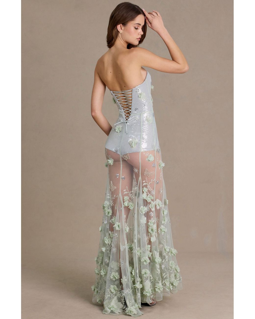Oh Polly Green Embellished Tulle Corset Gown
