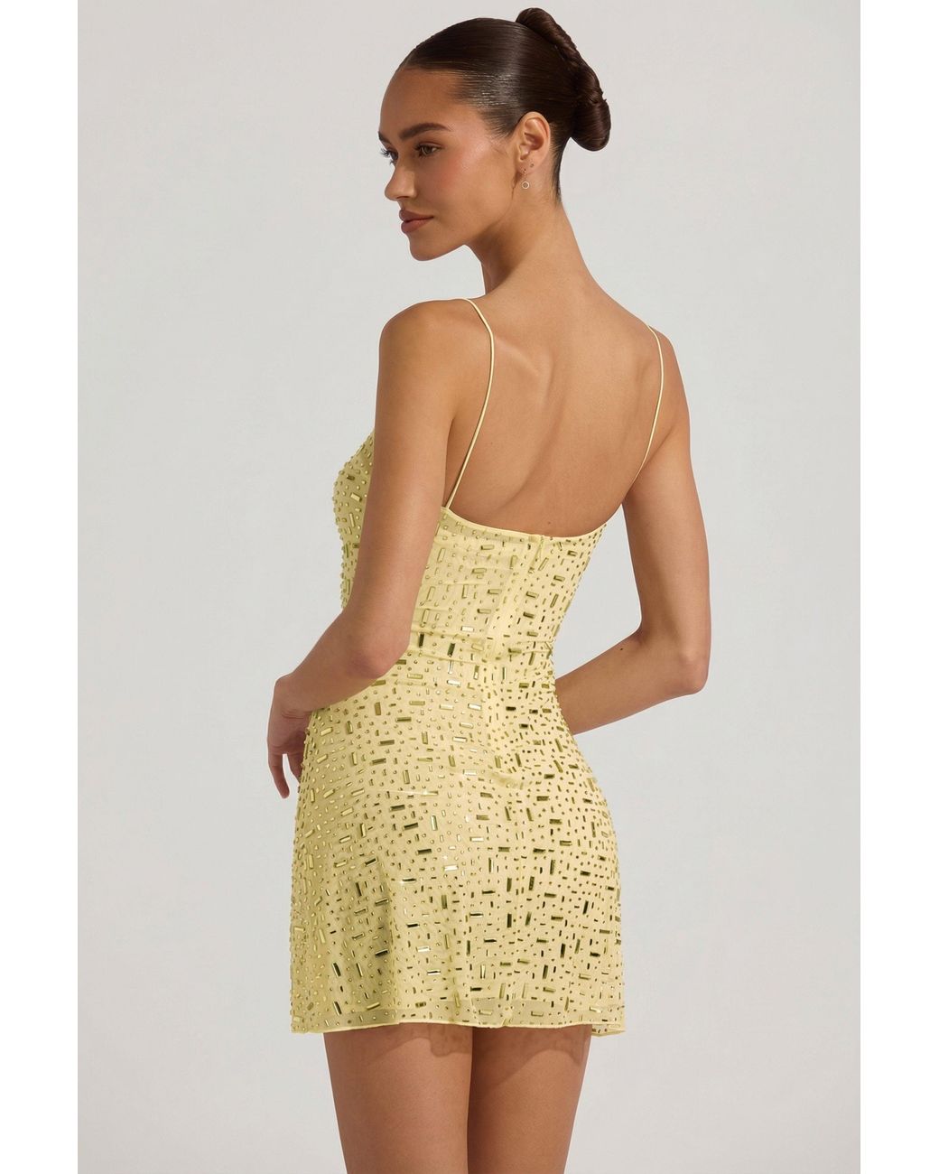 Oh Polly Yellow Sheer Embellished Square-Neck Mini Dress