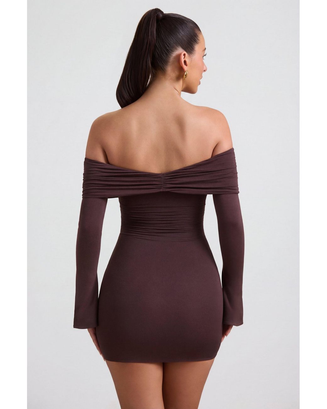 Oh Polly Brown Modal-Cashmere Blend Off-Shoulder Ruched Mini Dress