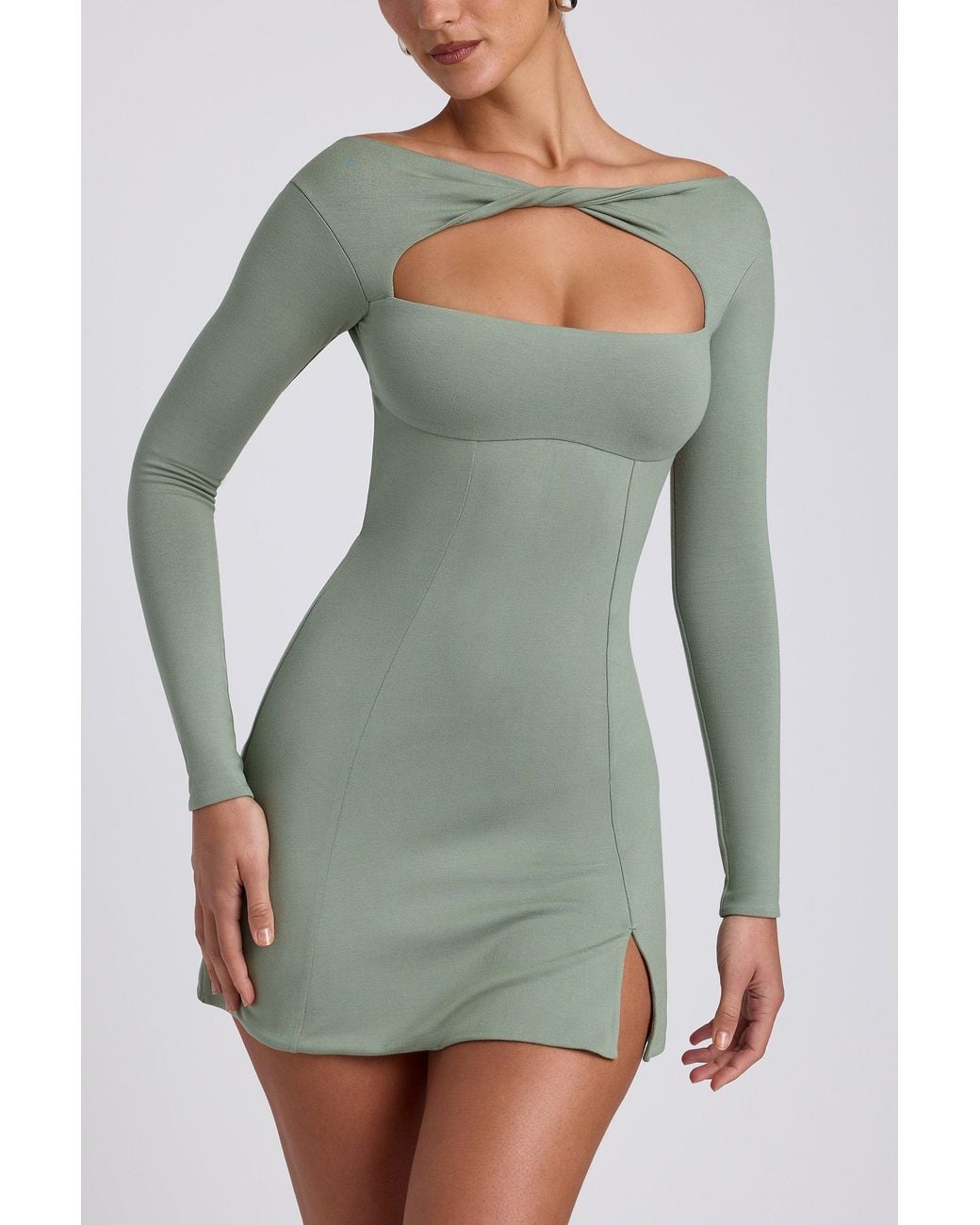 Oh Polly Green Modal Twist-Front Long-Sleeve Mini Dress