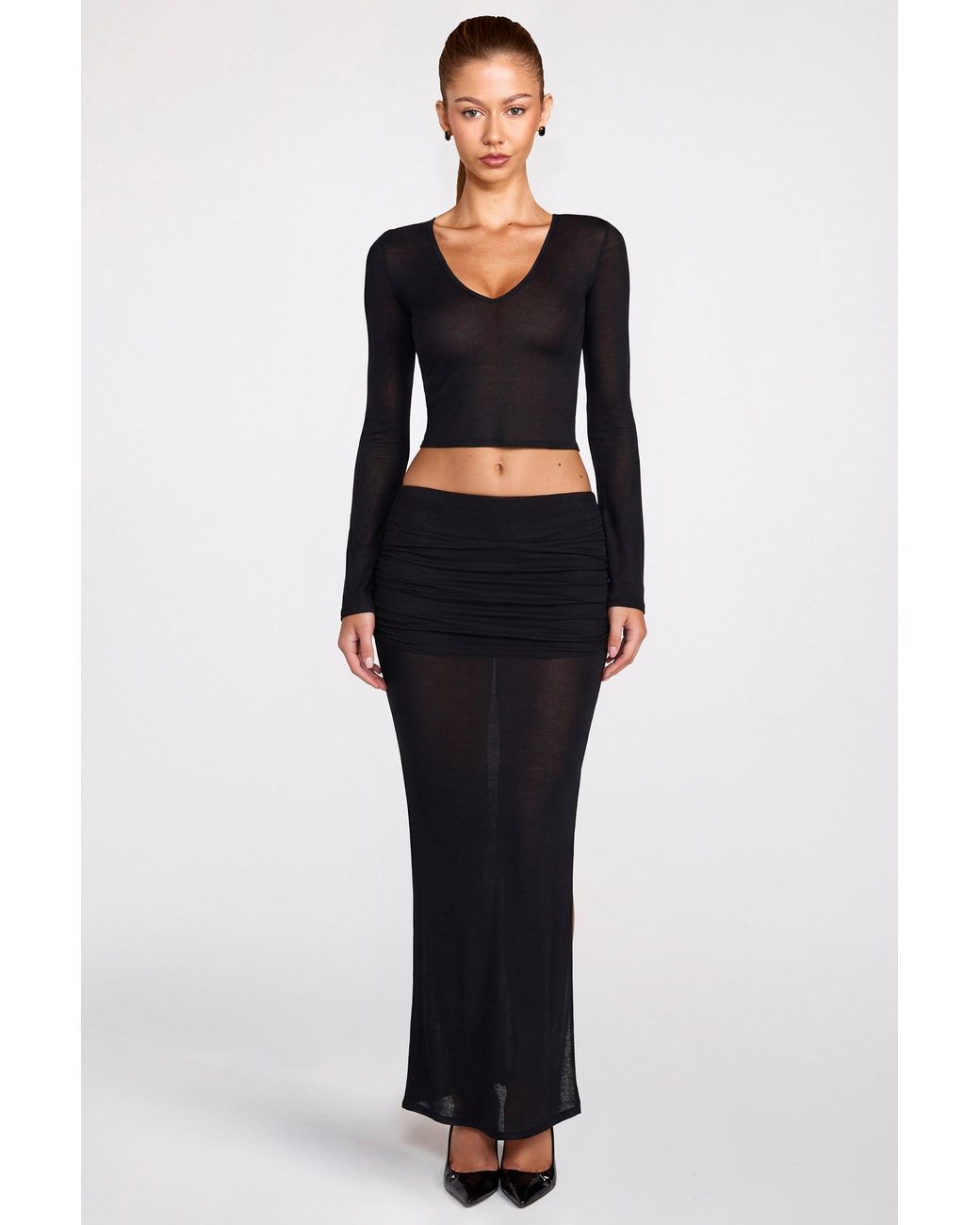 Oh Polly Black Sheer Jersey Low-Rise Draped Maxi Skirt