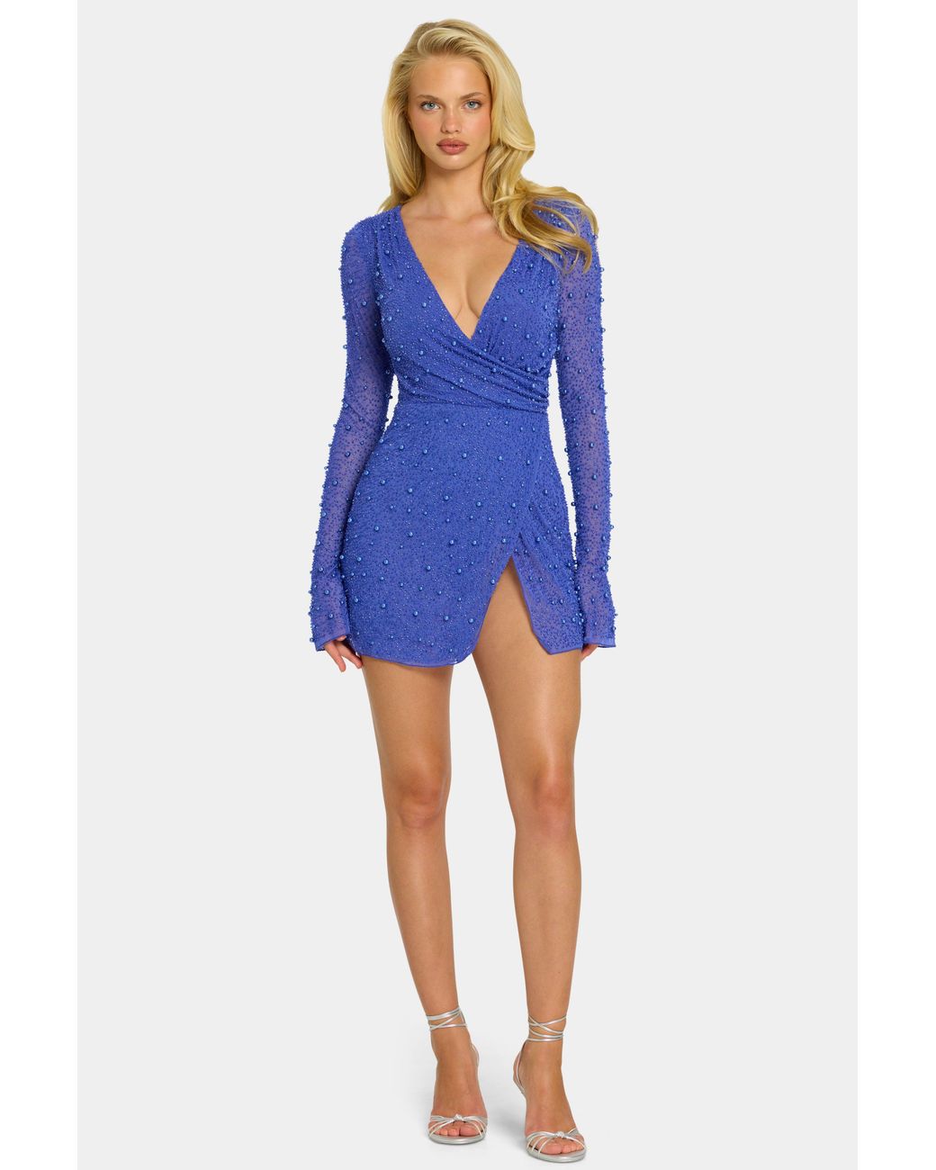Oh Polly Blue Embellished Wrap Over A-Line Mini Dress