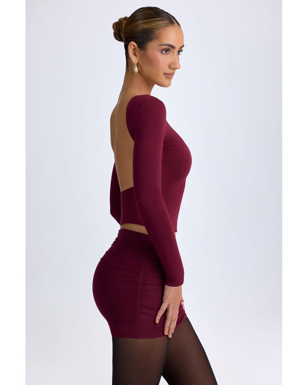 Oh Polly Red Modal High Neck Long Sleeve Open Back Top