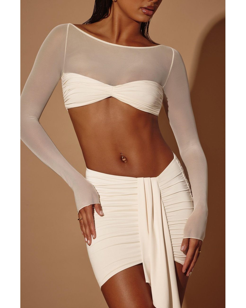 Oh Polly White Sheer Panelled Long Sleeve Crop Top