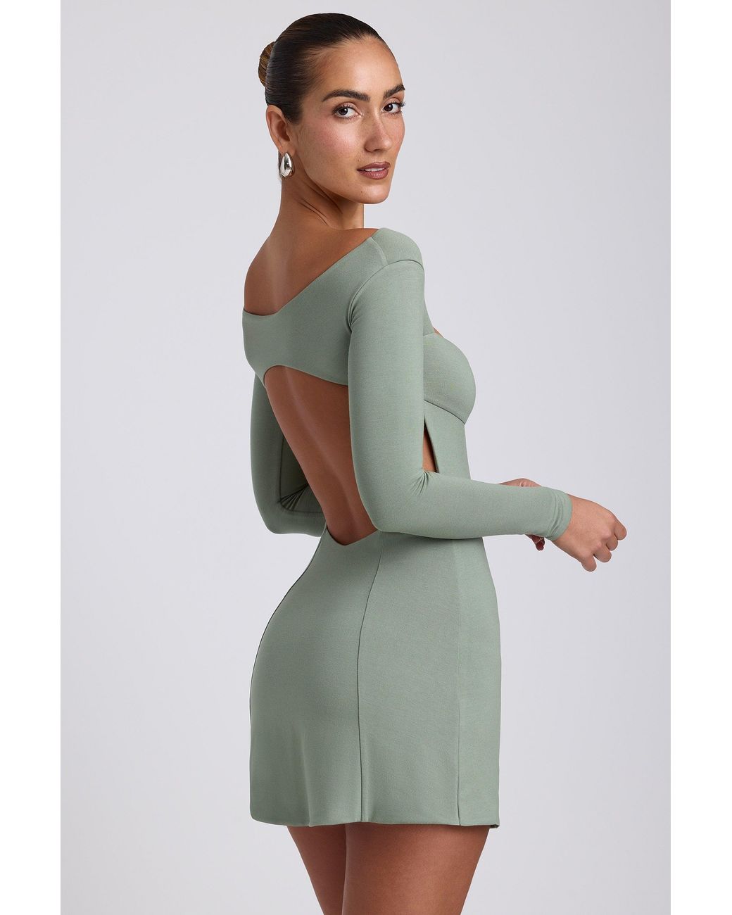 Oh Polly Green Modal Twist-Front Long-Sleeve Mini Dress