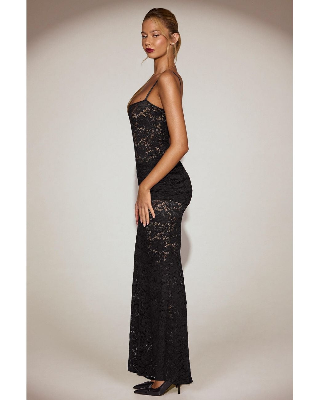Oh Polly Black Sheer Lace Square-Neck Ruched Gown