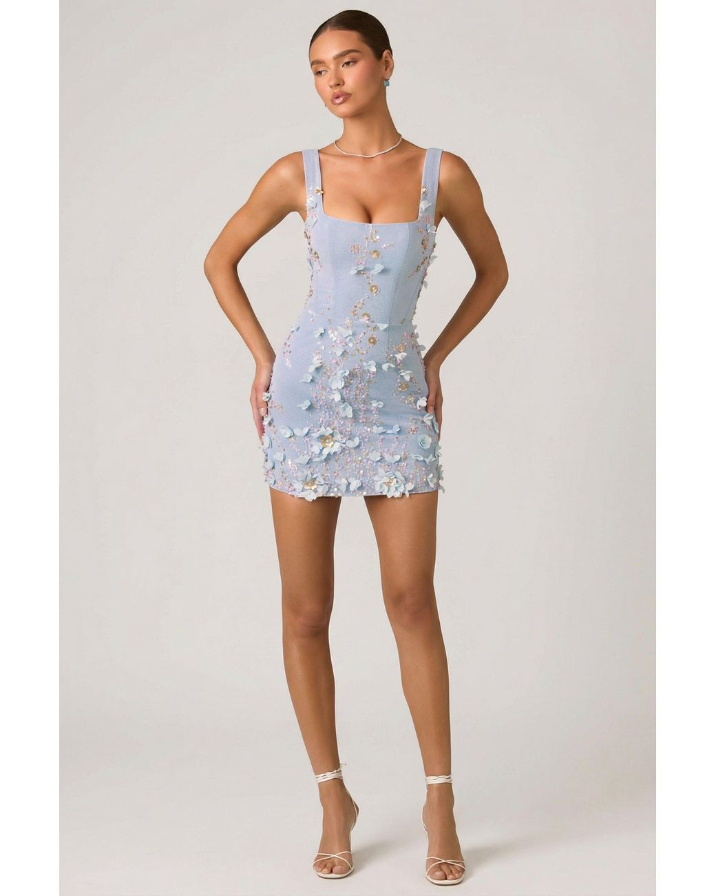 Oh Polly Blue Embellished Appliqué Corset Mini Dress