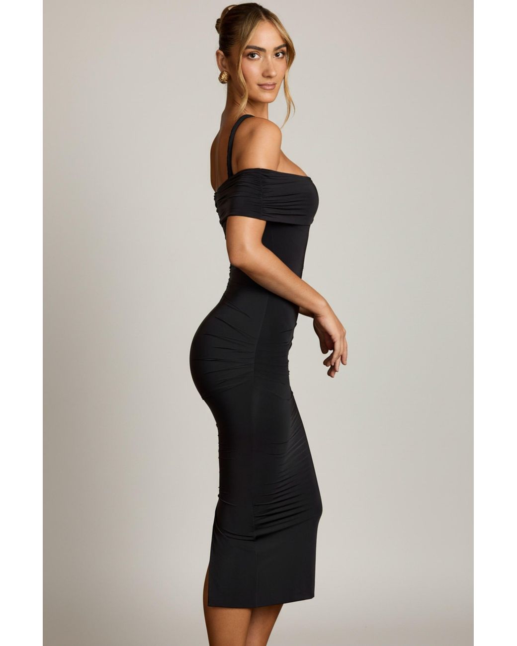 Oh Polly Black Off-Shoulder Draped Midaxi Dress