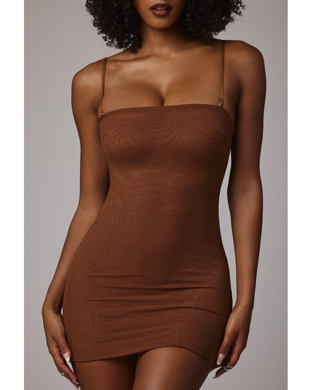 Oh Polly Brown Soft Sheer-Mesh Bandeau Mini Slip Dress