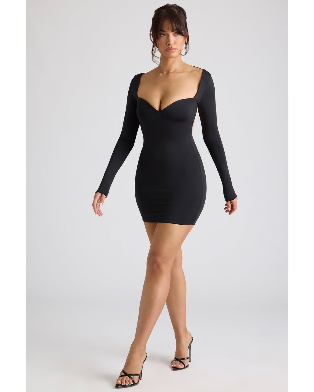 Oh Polly Black Long Sleeve Sweetheart Neckline Mini Dress