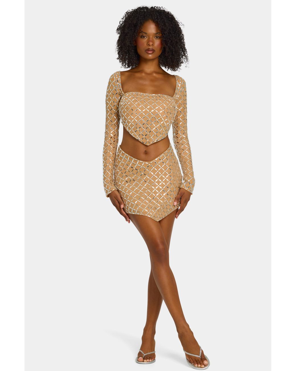 Oh Polly Natural Embellished Asymmetric Mid-Rise Mini Skirt