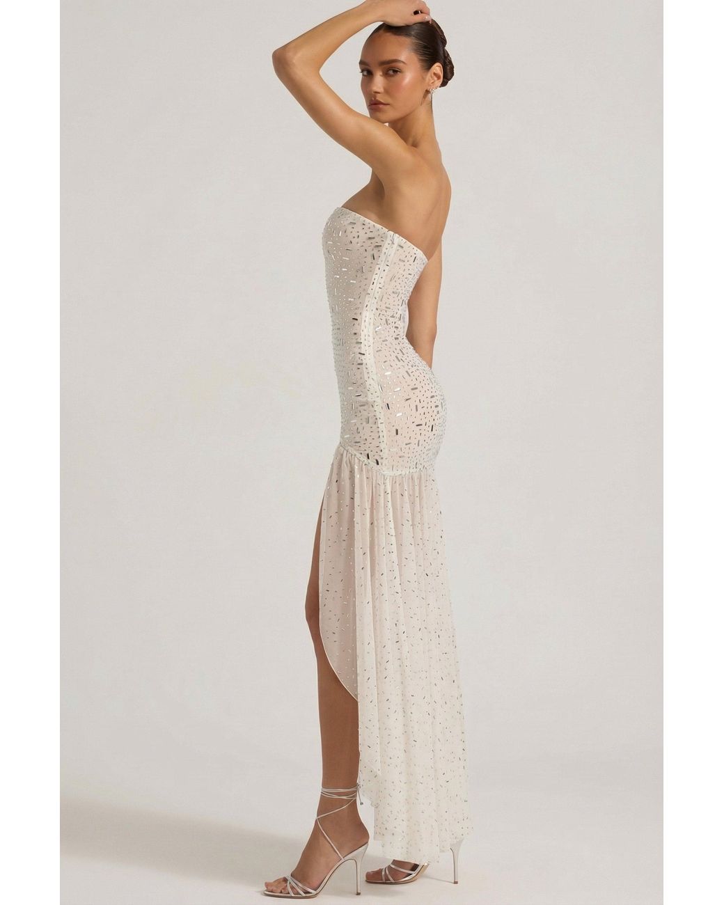 Oh Polly White Semi-Sheer Embellished Asymmetric Maxi Dress