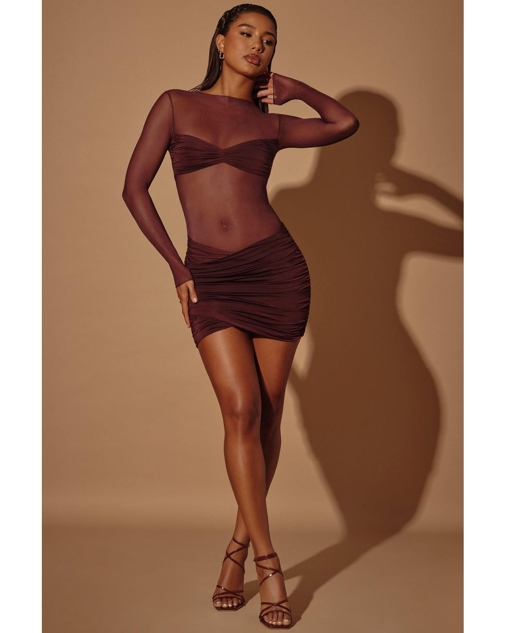 Oh Polly Brown Sheer Panelled Long Sleeve Mini Dress