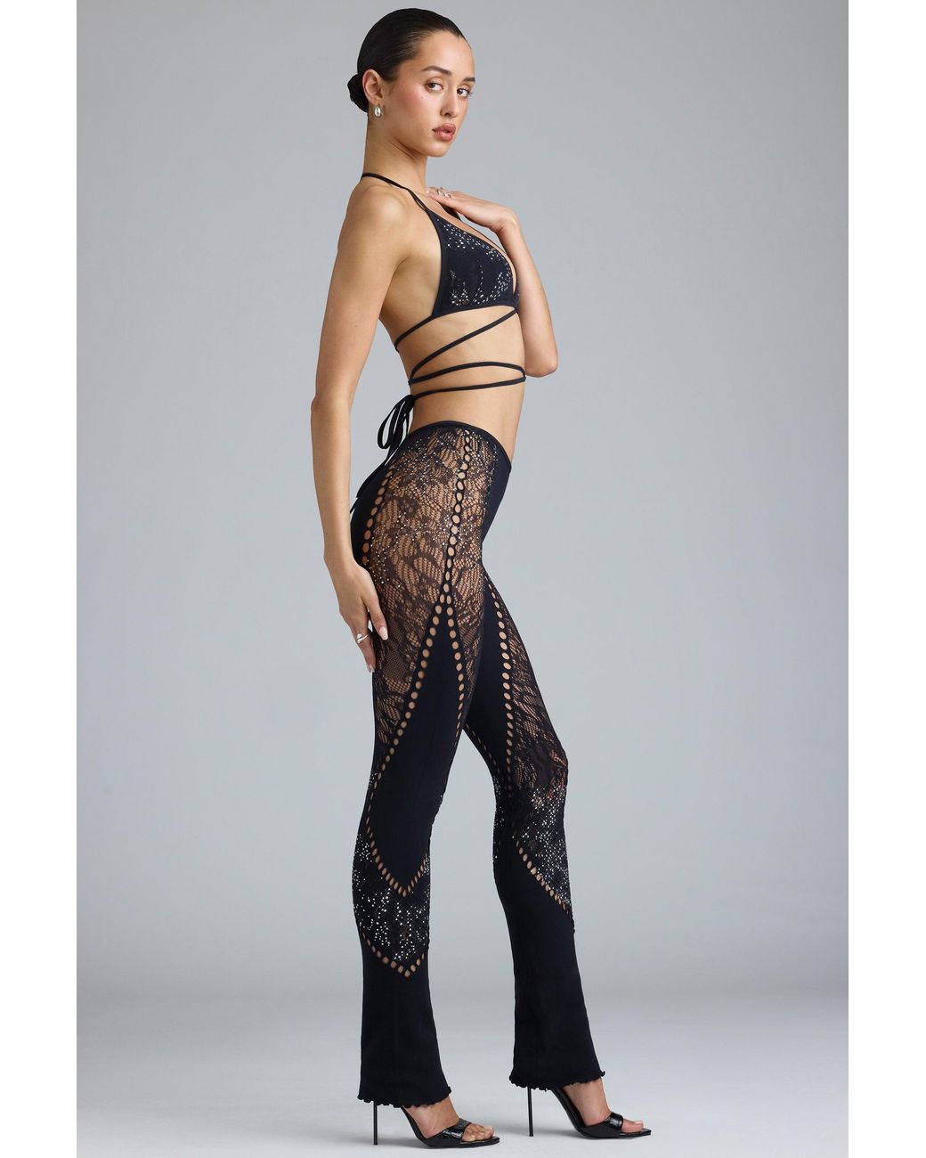 Oh Polly Black Embellished Mid-Rise Flared Trousers