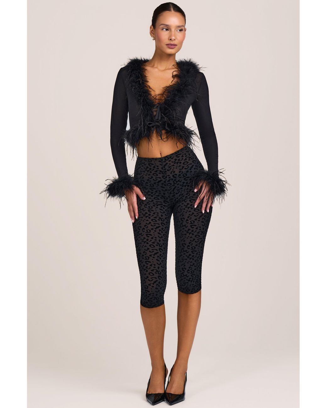 Oh Polly Black Flocked Leopard Mesh Capri Trousers