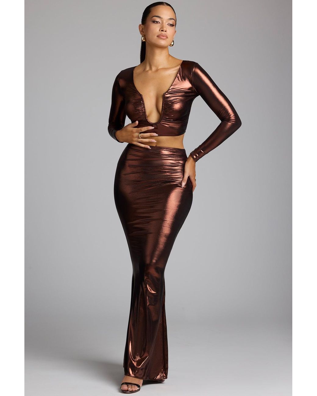 Oh Polly Metallic Plunge Neck Jersey Crop Top