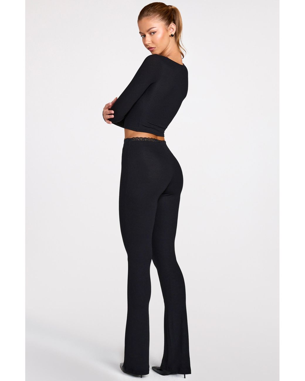 Oh Polly Black Modal Mid-Rise Flared Trousers