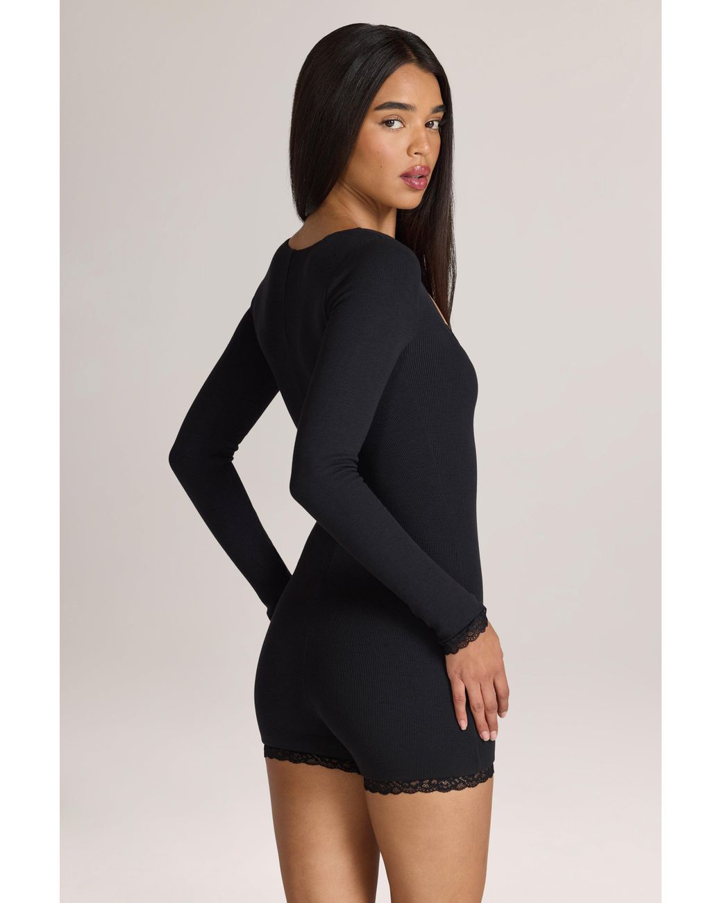 Oh Polly Black Ribbed Modal Lace-Trim Romper