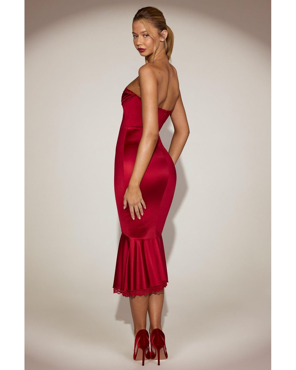 Oh Polly Red Satin Lace-Trim Bandeau Fluted Midaxi Dress