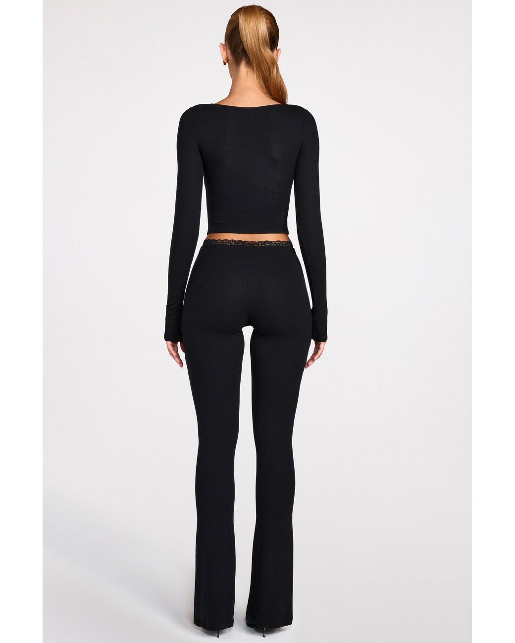 Oh Polly Black Modal Mid-Rise Flared Trousers