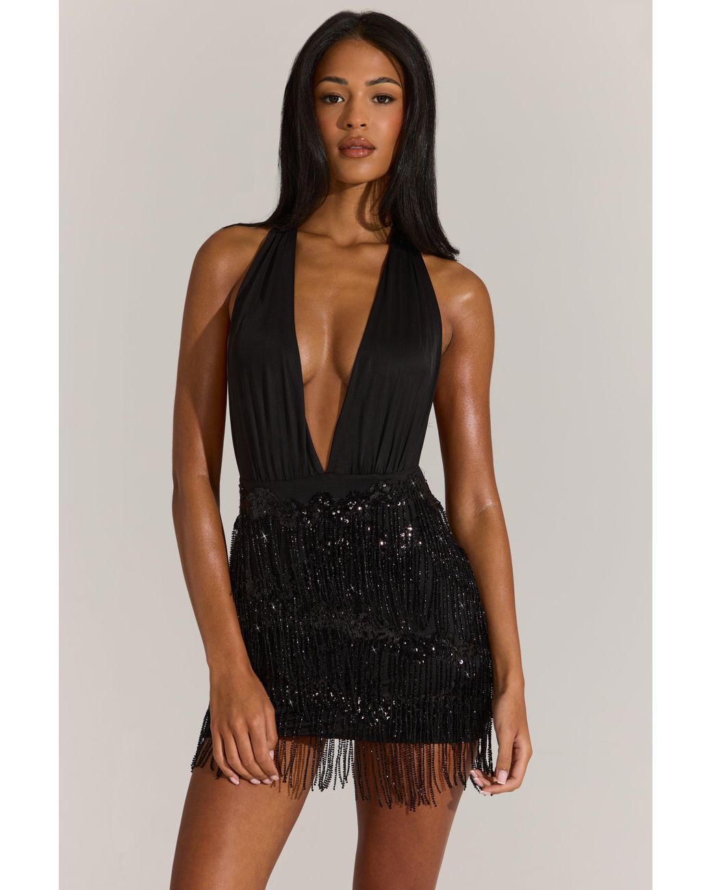 Oh Polly Black Fringed Skirt Halterneck Mini Dress