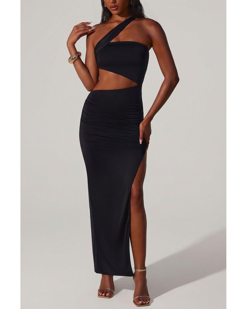 Oh Polly Black Asymmetric Neckline Ruched Cut Out Maxi Dress