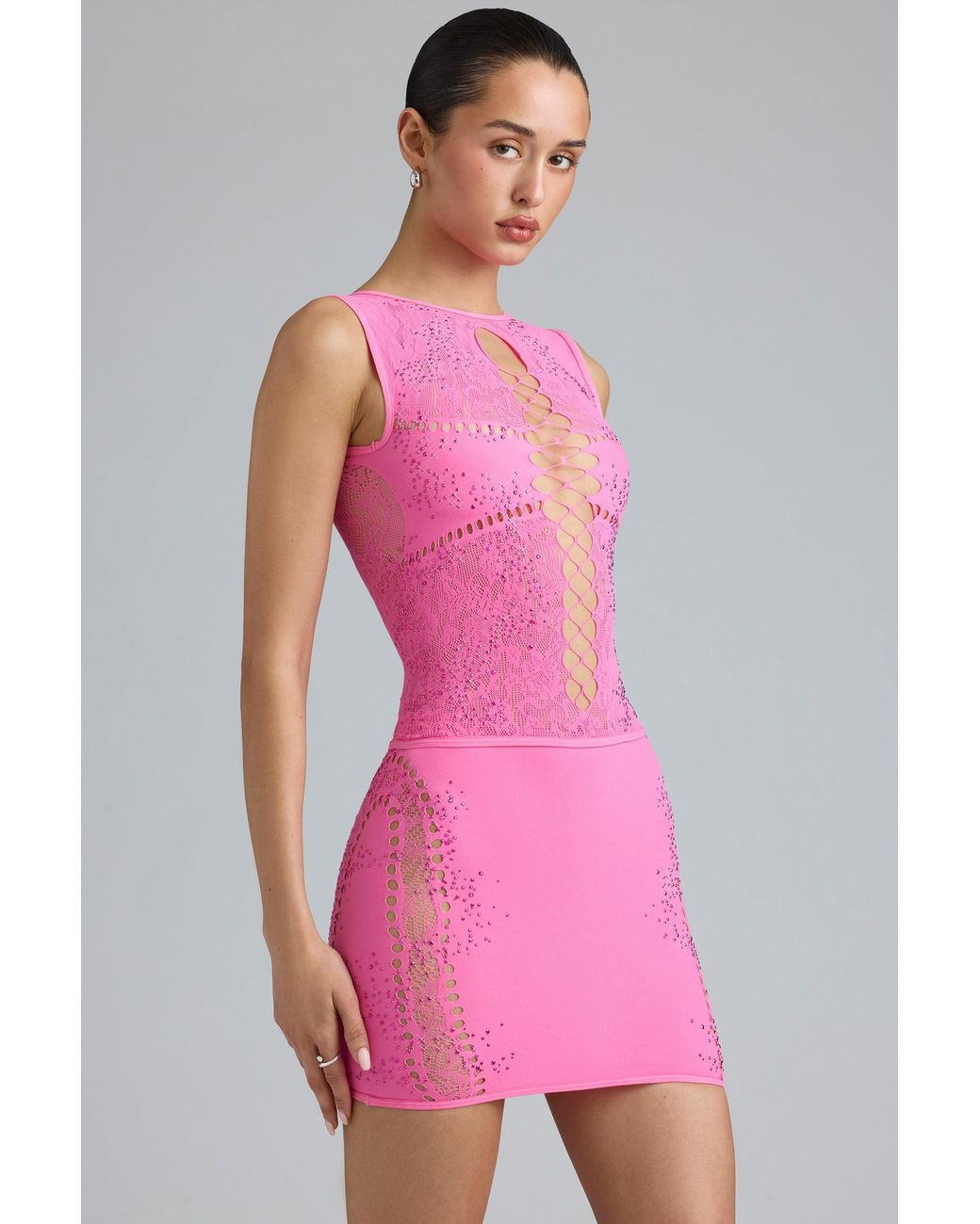 Oh Polly Pink Embellished Lace-Up High-Neck Top