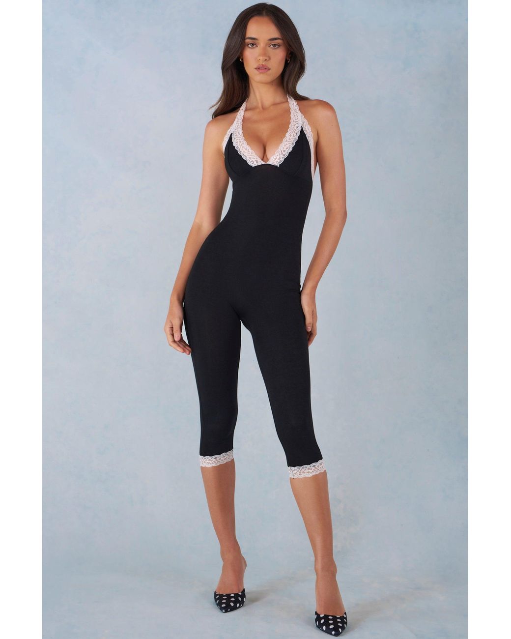 Oh Polly Black Modal Lace-Trim Capri Jumpsuit
