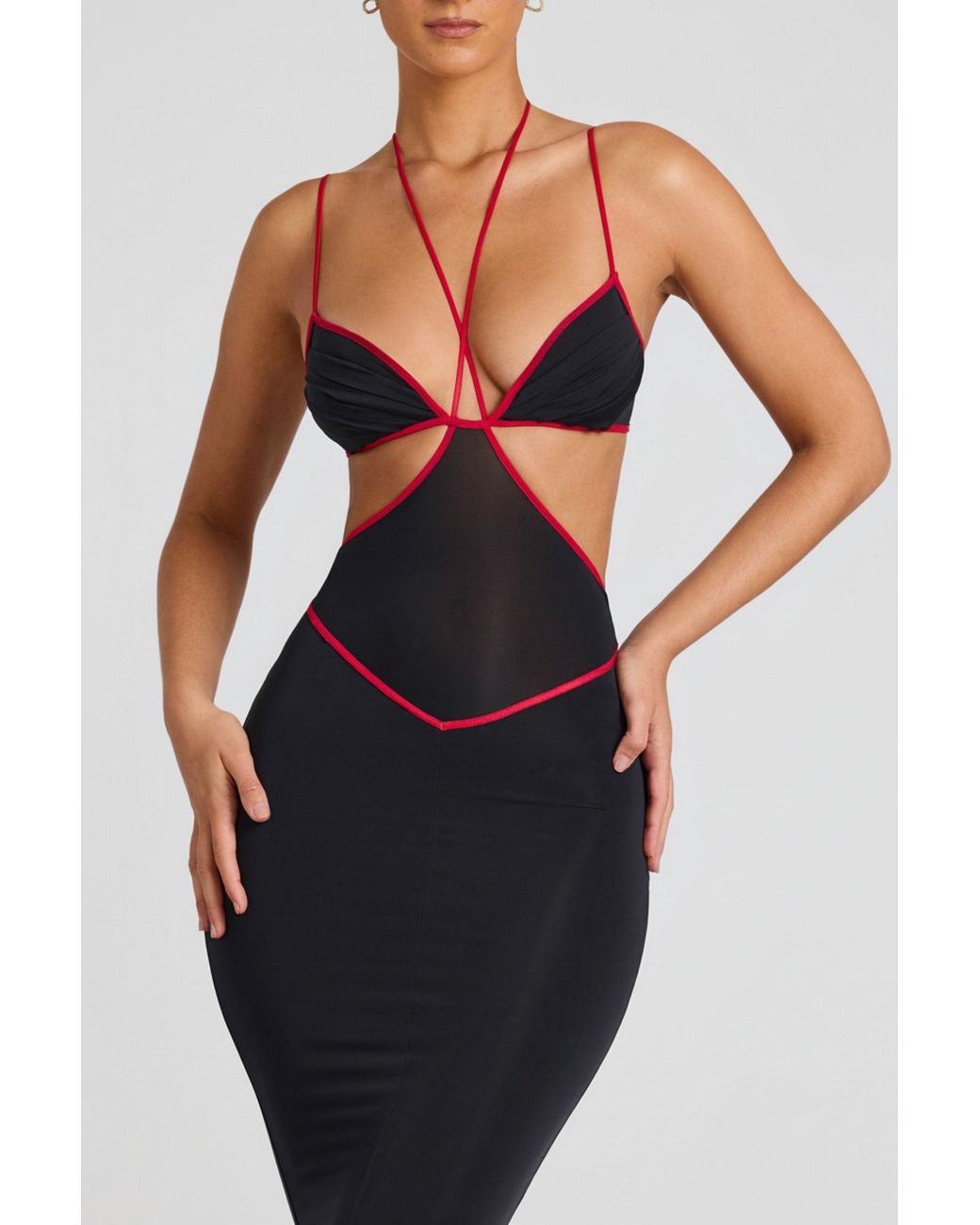 Oh Polly Black Contrast Binding Cut Out Evening Gown