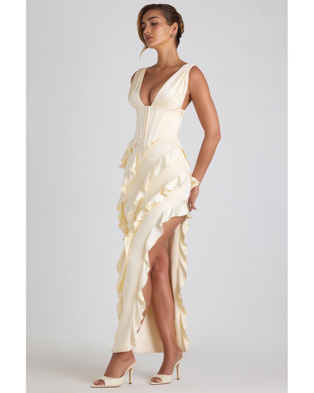 Oh Polly White Ruffle-Trim Corset Maxi Dress