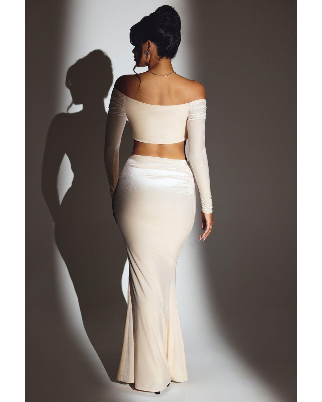 Oh Polly White Velvet Off-Shoulder Ruched Crop Top