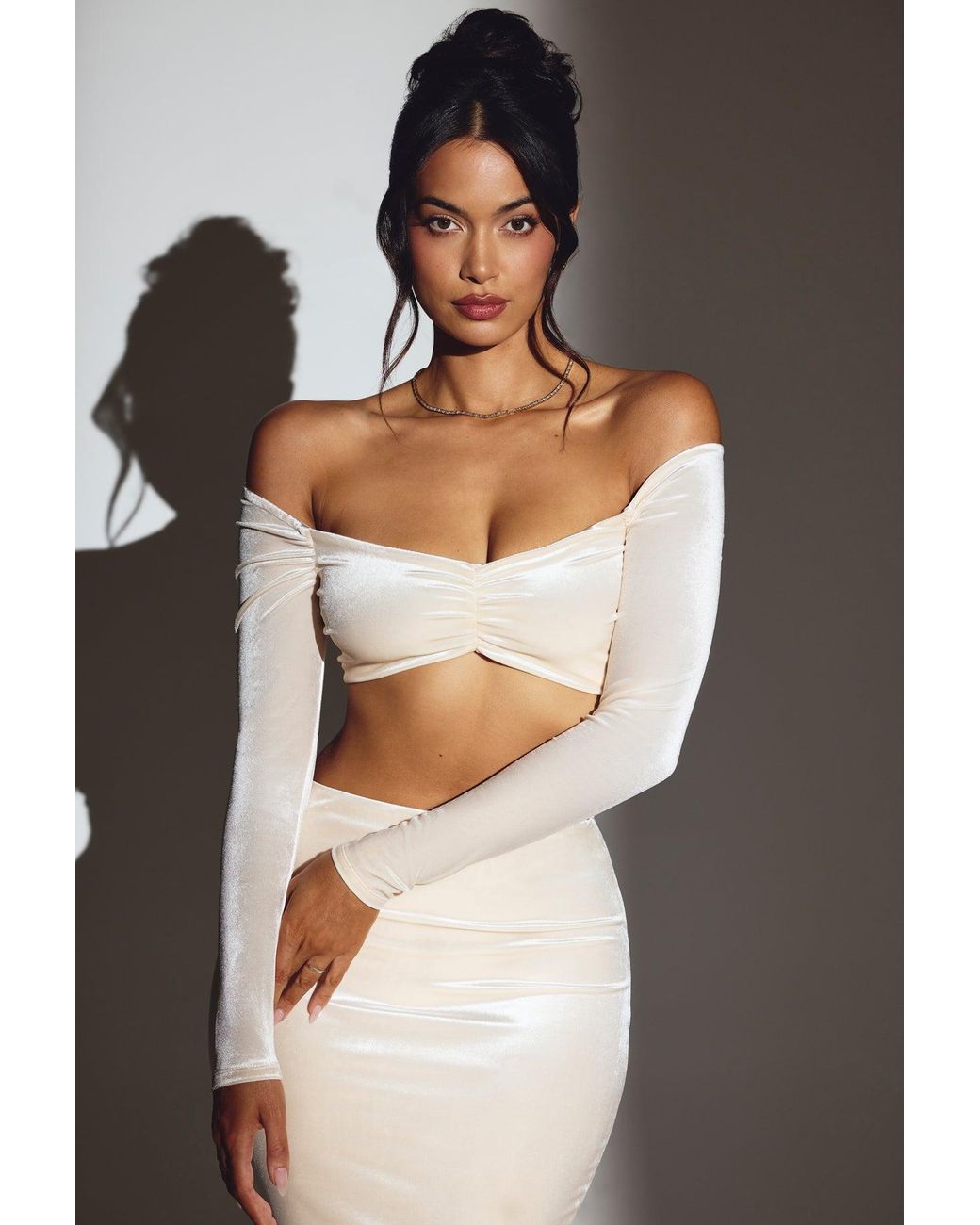 Oh Polly White Velvet Off-Shoulder Ruched Crop Top
