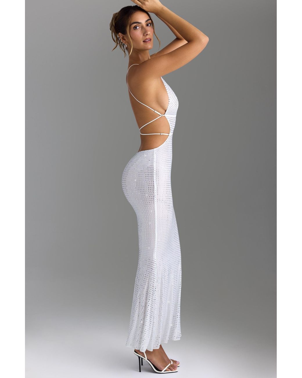 Oh Polly White Embellished Cut-Out Backless Maxi Dress