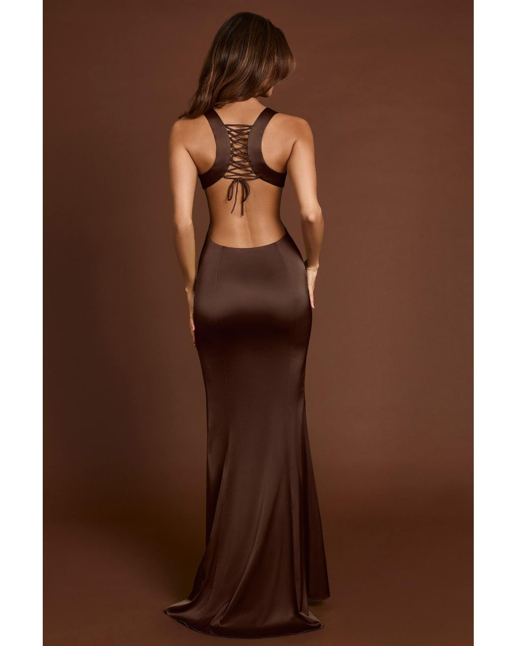 Oh Polly Brown Scoop-Neck Lace-Up Back Maxi Dress