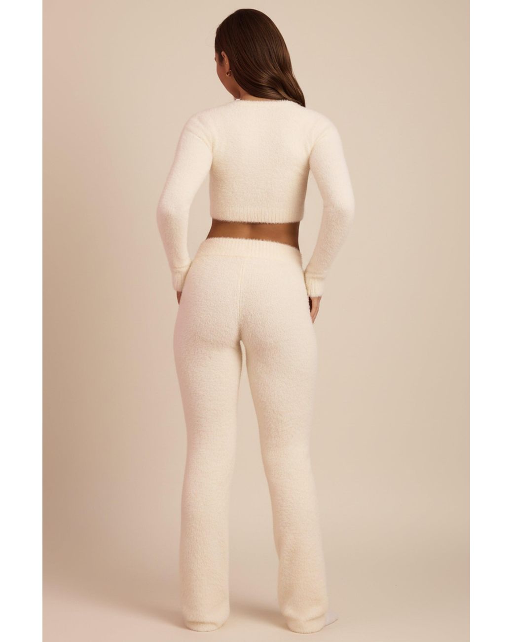 Oh Polly White Fluffy Knit Wide-Leg Trousers
