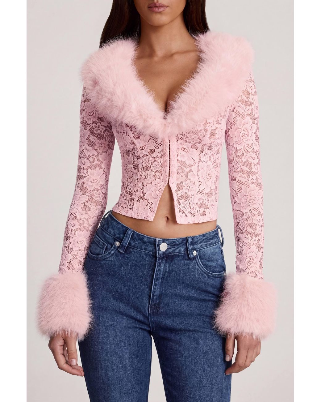 Oh Polly Pink Sheer Lace Faux-Fur-Trim Cardigan