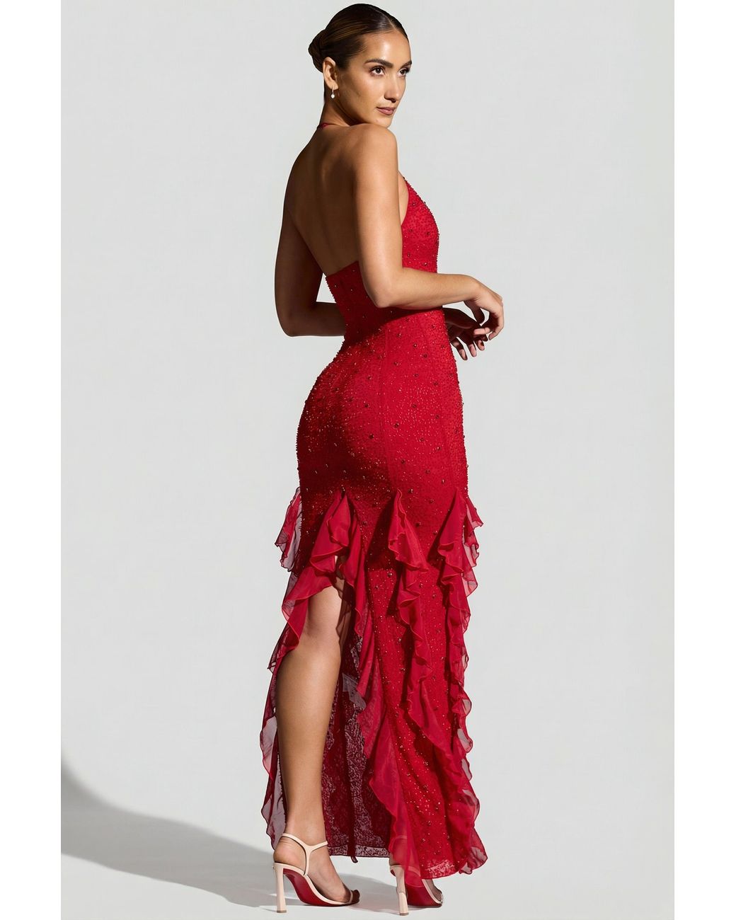 Oh Polly Red Embellished Halter Neck Ruffle Maxi Dress