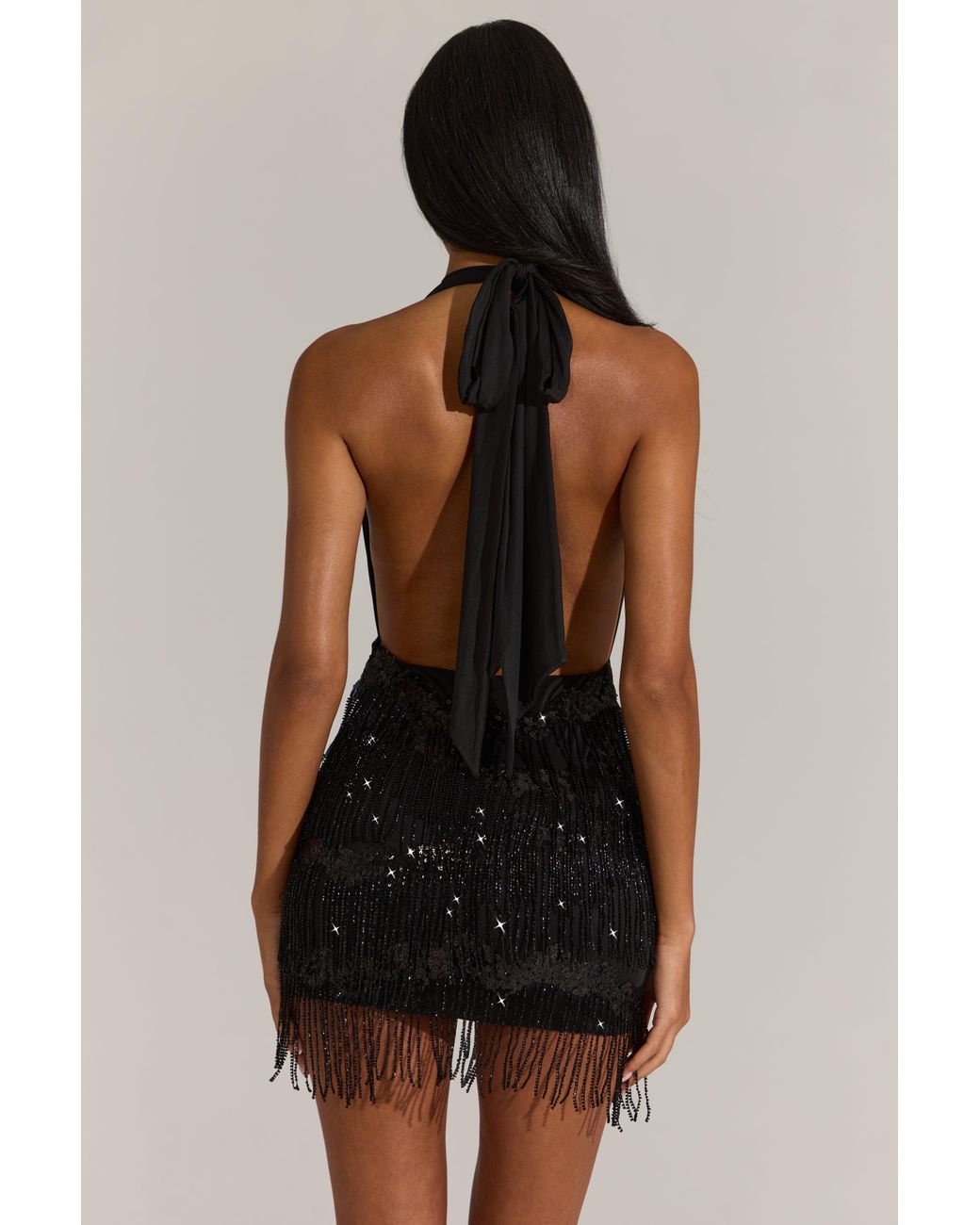 Oh Polly Black Fringed Skirt Halterneck Mini Dress