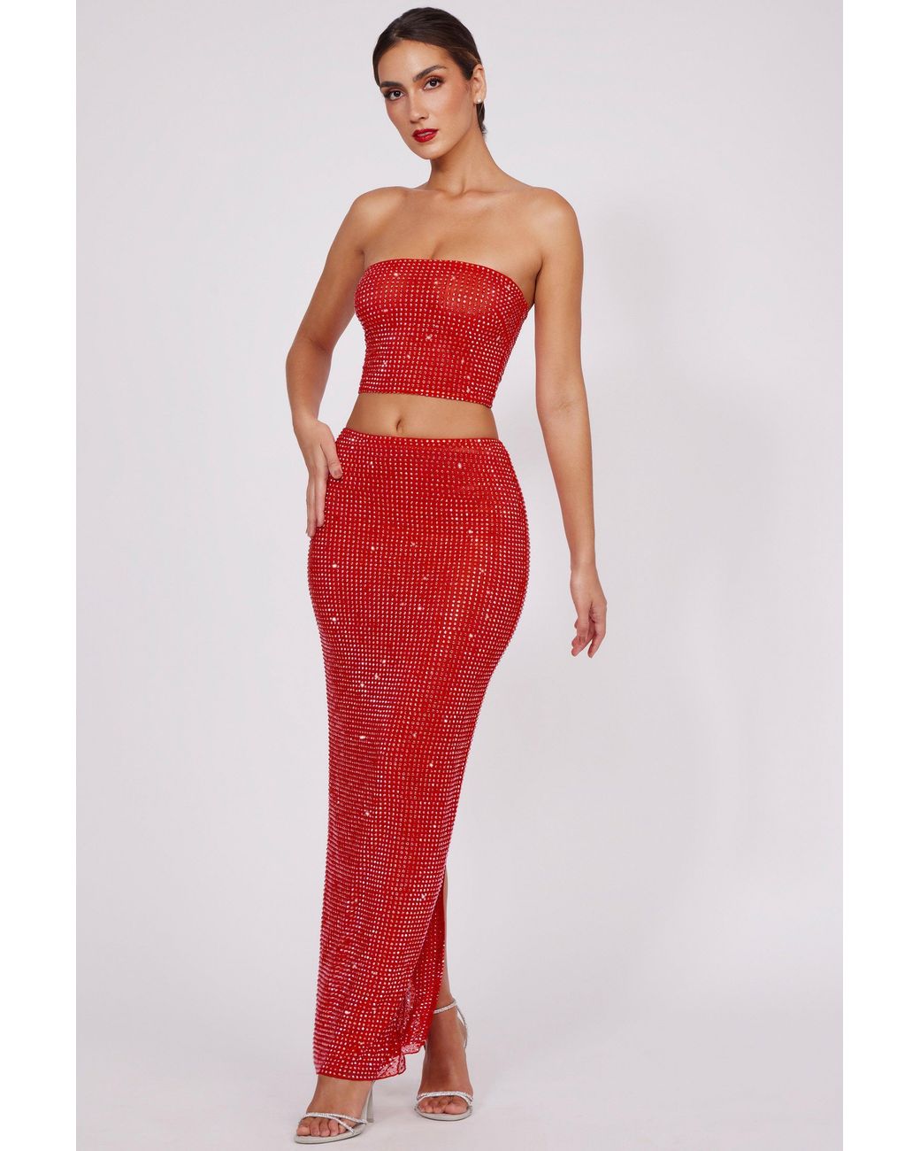 Oh Polly Red Embellished Mid Rise Maxi Skirt