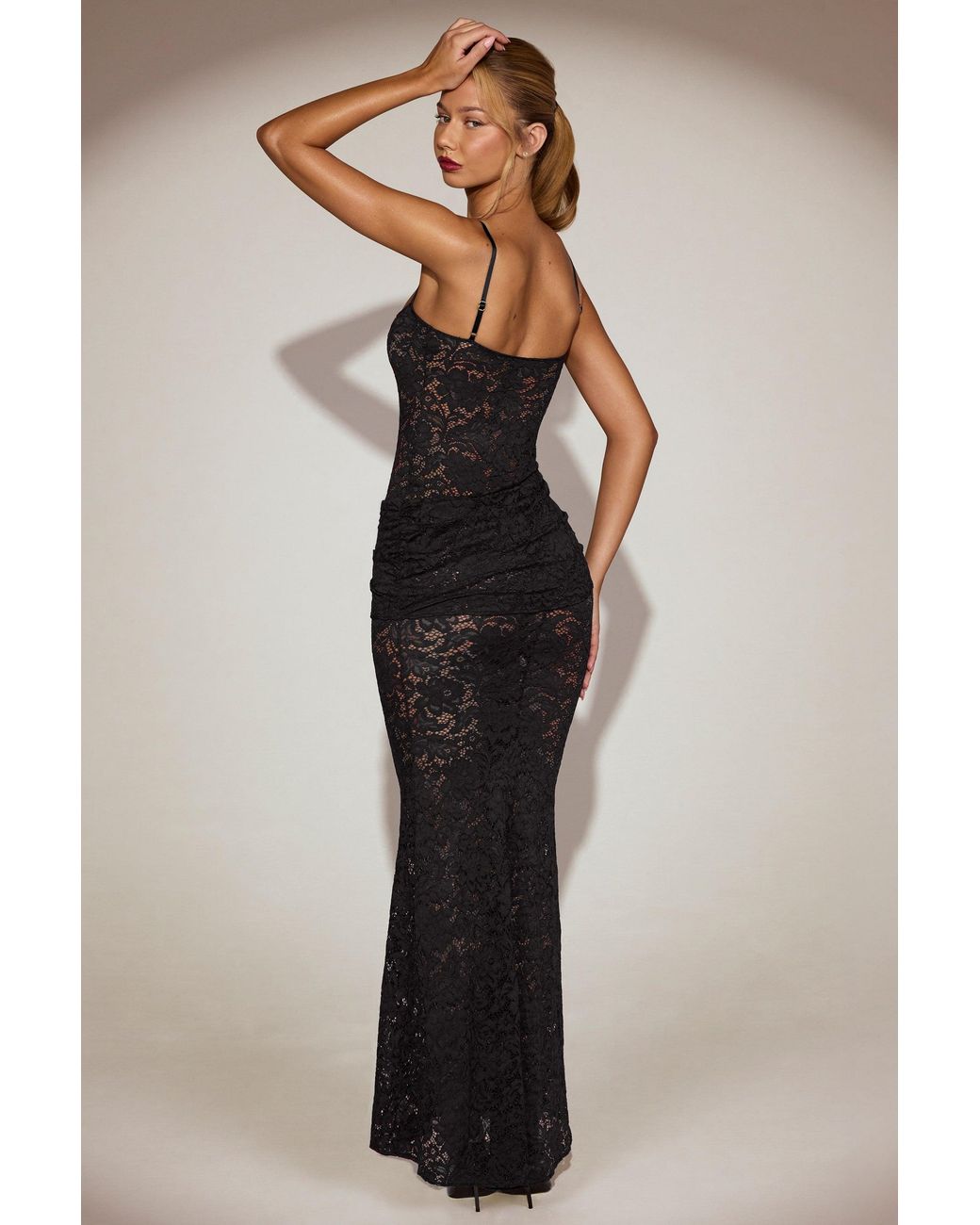 Oh Polly Black Sheer Lace Square-Neck Ruched Gown