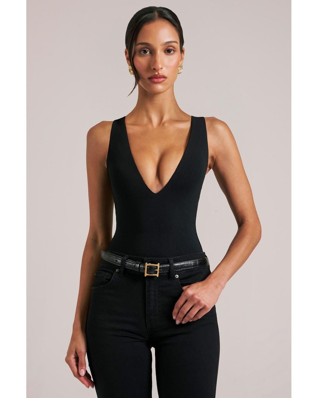 Oh Polly Black Deep Plunge Halterneck Bodysuit