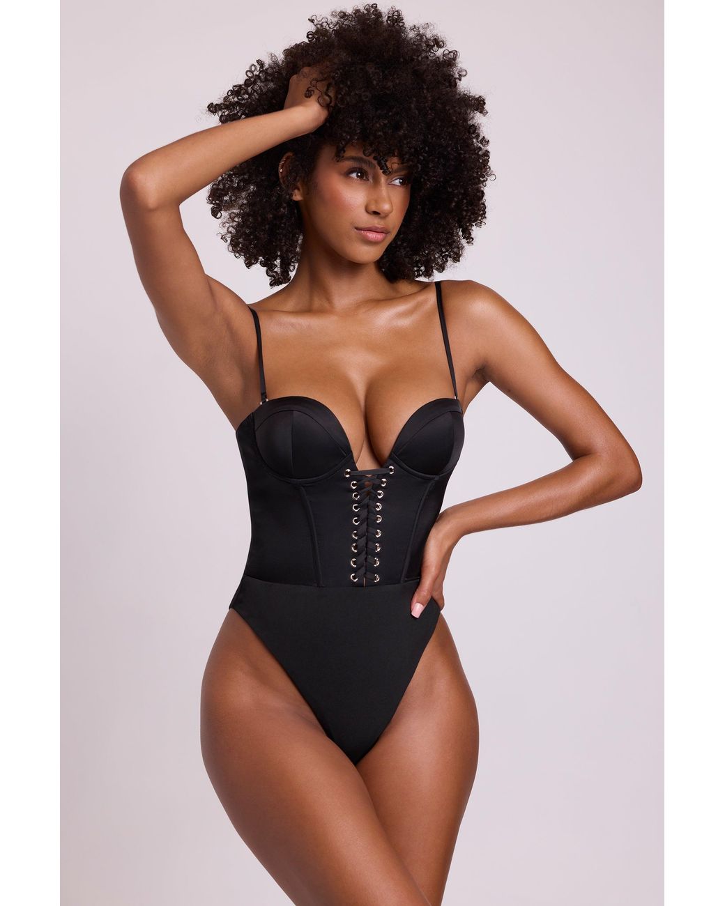 Oh Polly Black Satin Plunge Neck Lace Up Corset Bodysuit