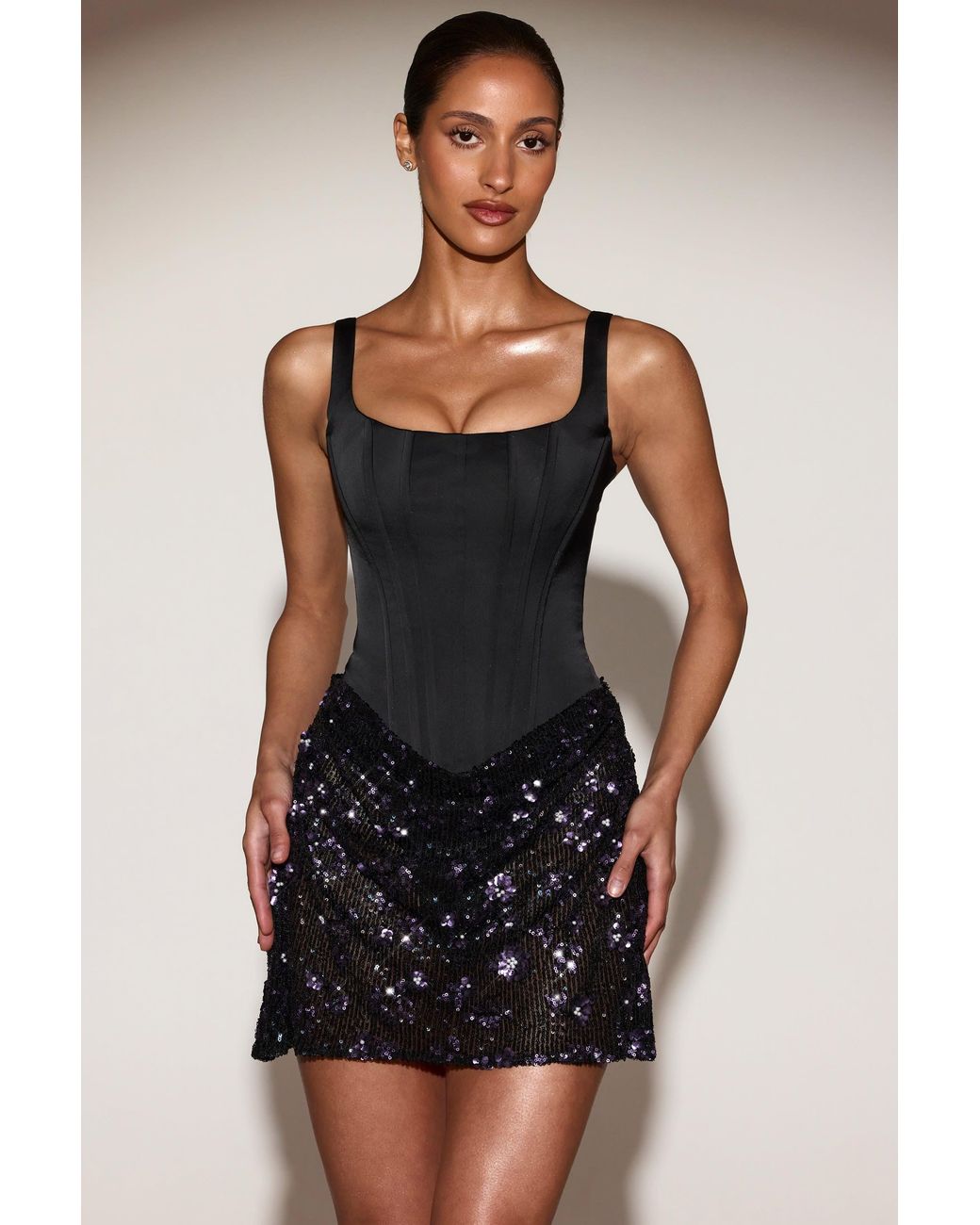 Oh Polly Black Satin Corset Embellished Skirt Mini Dress