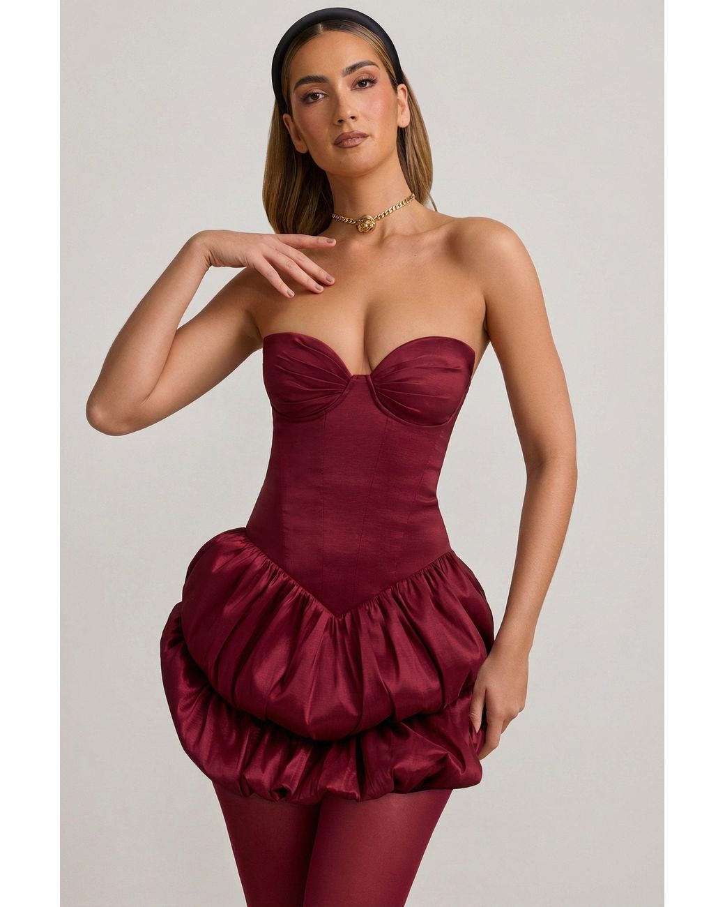 Oh Polly Red Satin Bubble Hem Corset Mini Dress