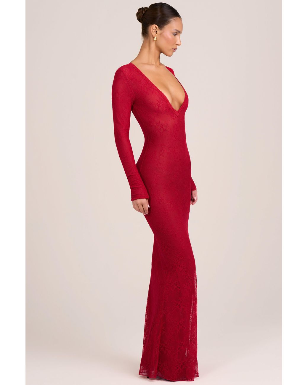Oh Polly Red Lace Long-Sleeve Maxi Dress