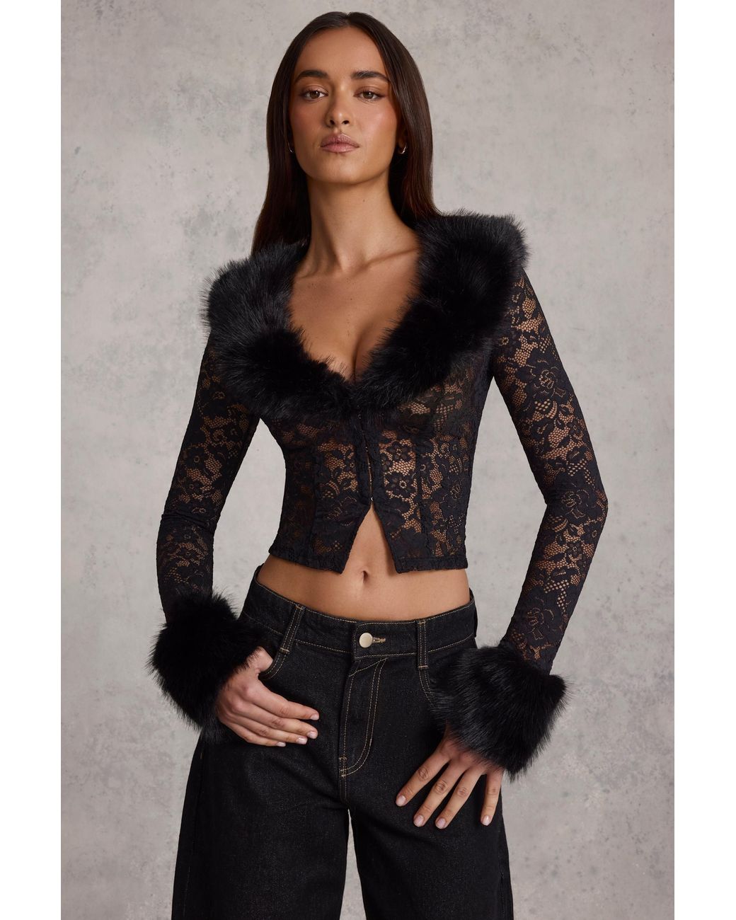 Oh Polly Black Sheer Lace Faux-Fur-Trim Cardigan
