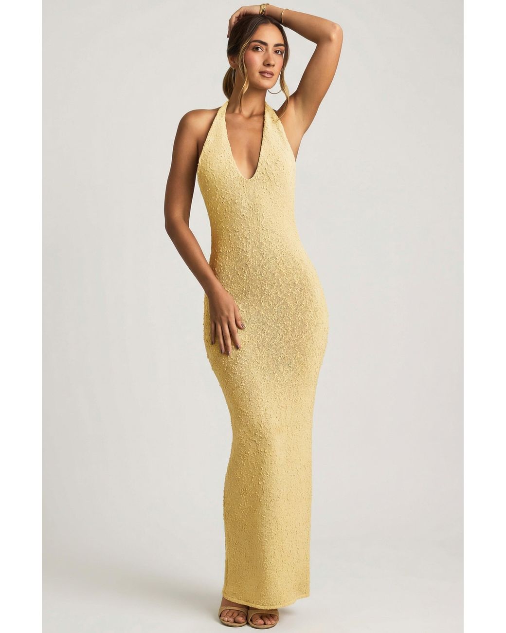 Oh Polly Yellow Bouclé Halterneck Maxi Dress